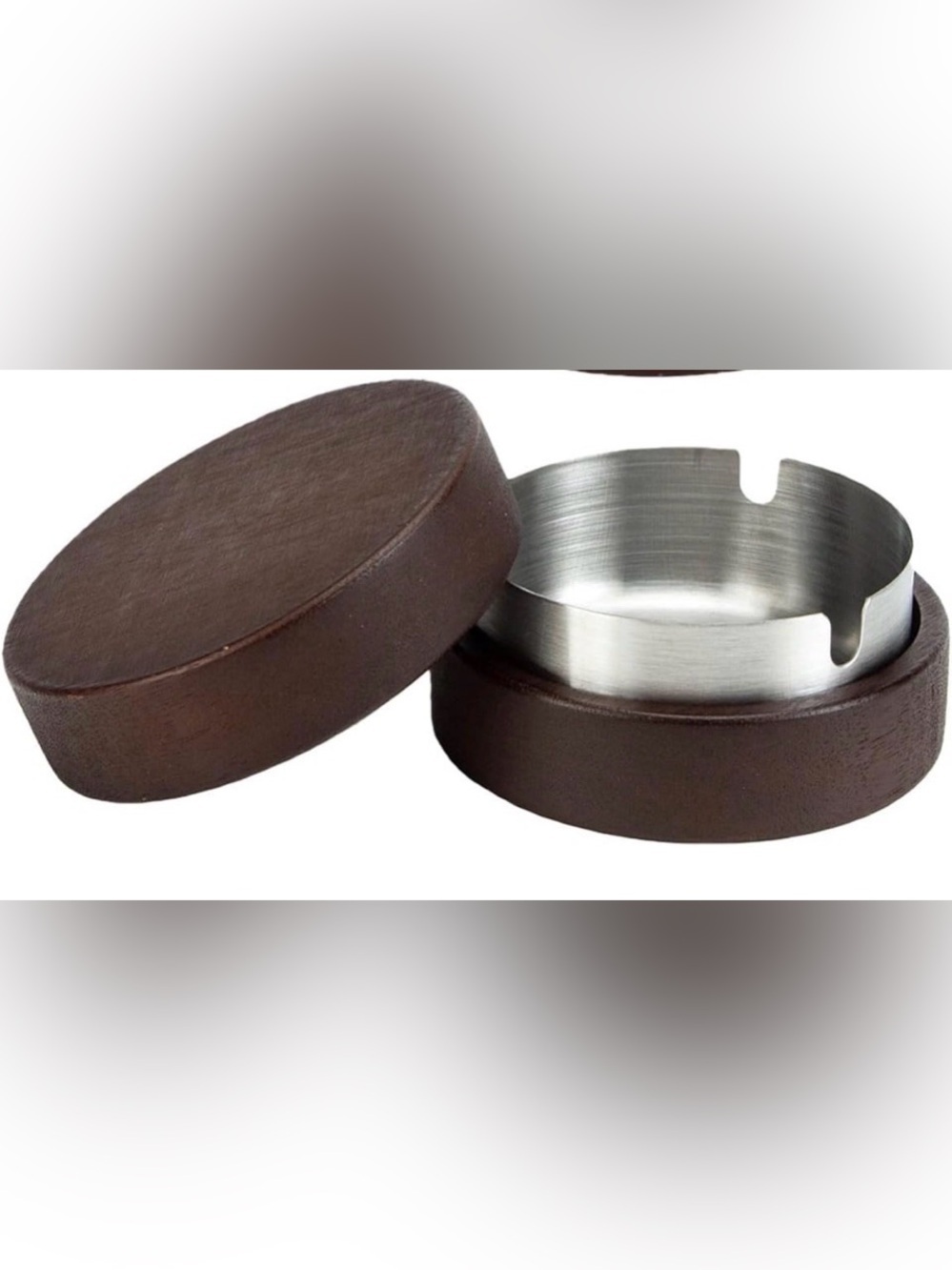 Brown Leather Round Ashtray with Stainless Steel Insert